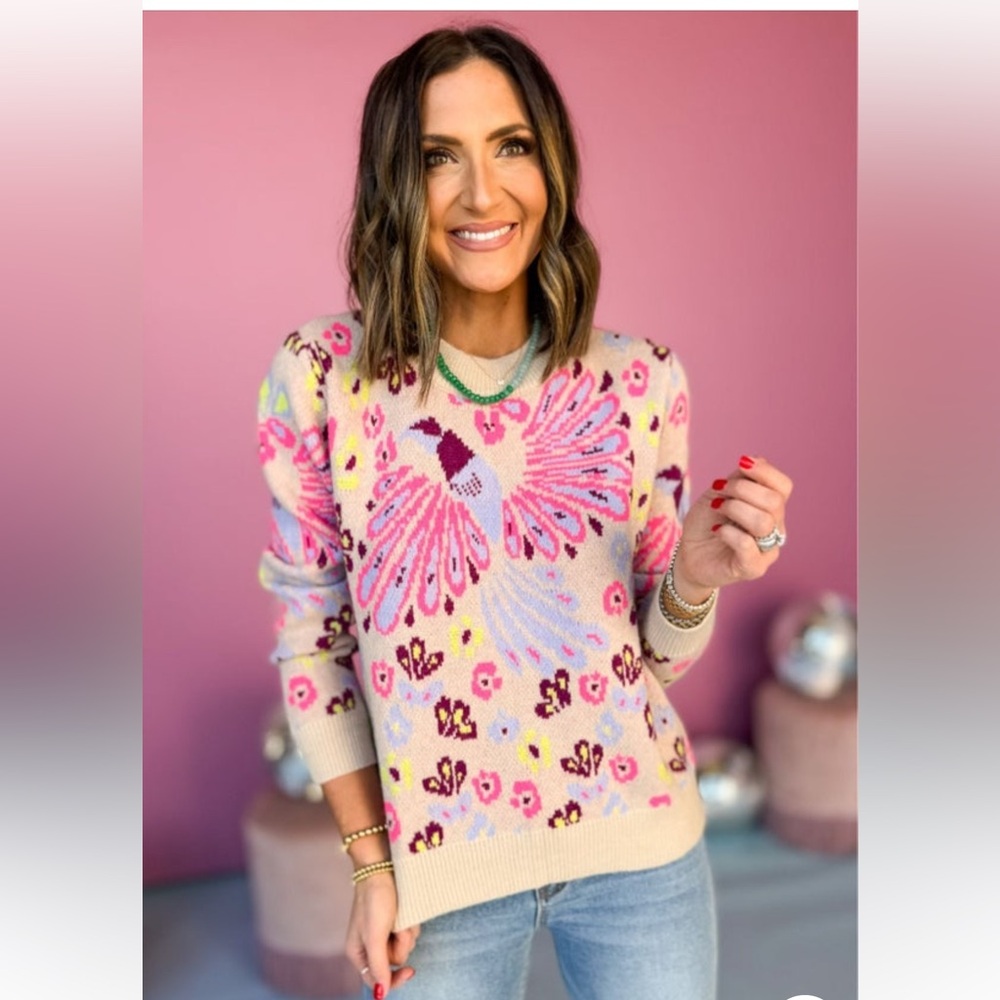 JODIFL Taupe mixed print long sleeve sweater in Large